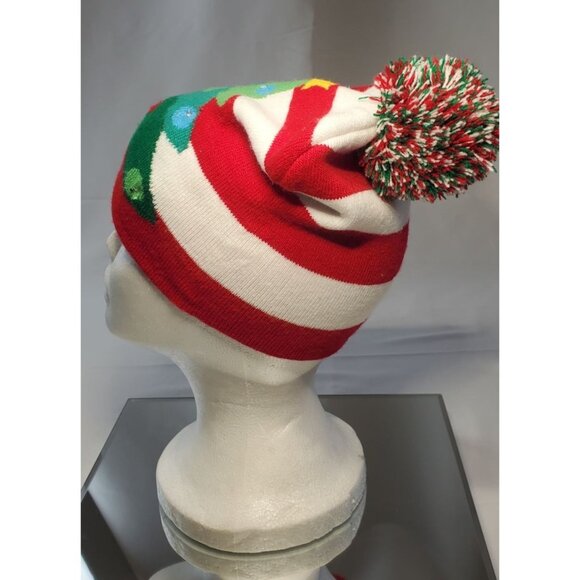 Lotsa Lites Flashing Pom Pom Beanie Hat Knitted Holiday Christmas Tree Design - Picture 4 of 7